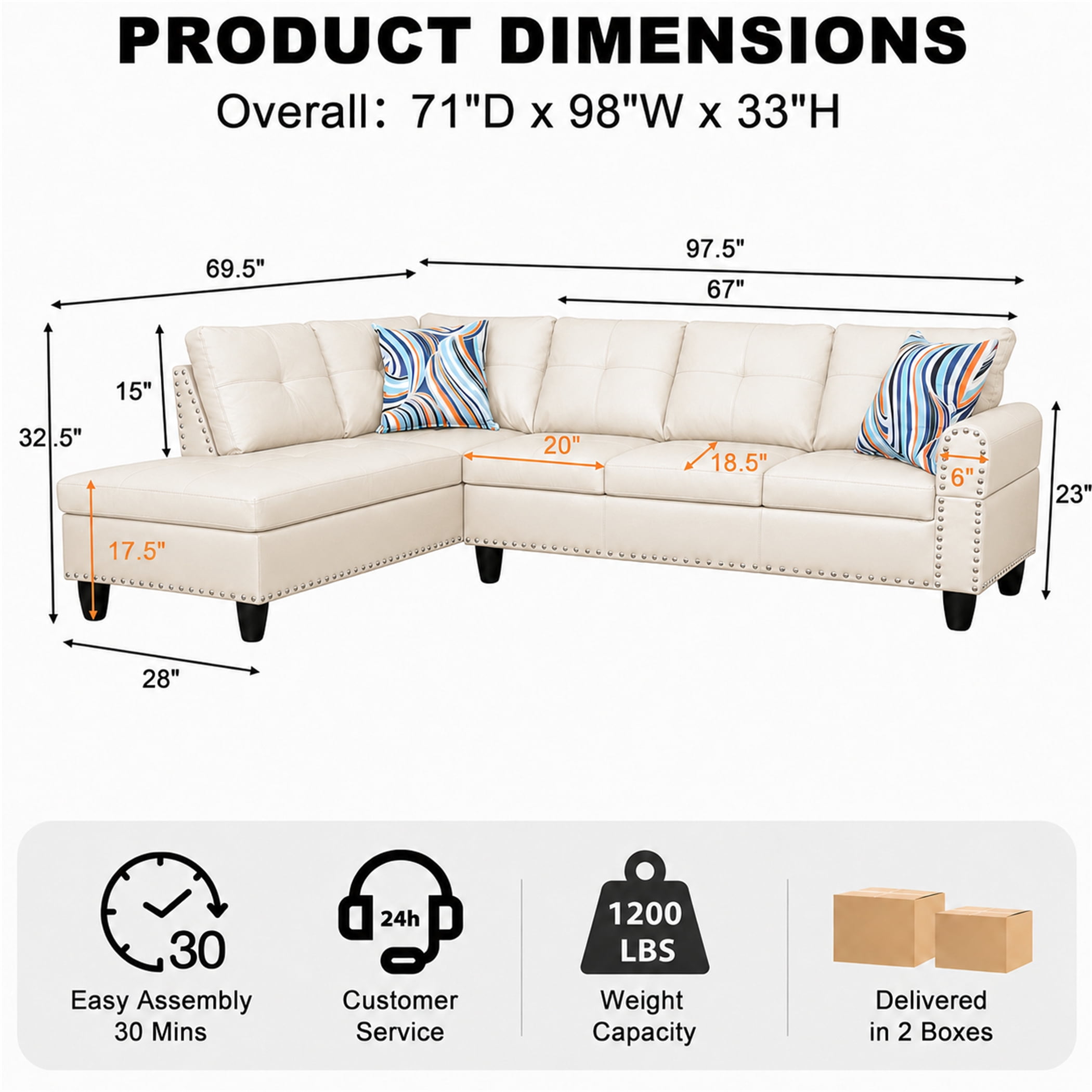 Aukfa 98" L Shaped Sectional Couch with Cup Holder Console, Tufted Back&Nailhead Trim, Oversized Left Chaise Leather Sofa for Living Room, White