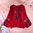 thumbnail image 1 of Blusa bordada para mujer, Tops informales con cuello en V, Tops bohemios elegantes bordados florales Rojo, 1 of 10
