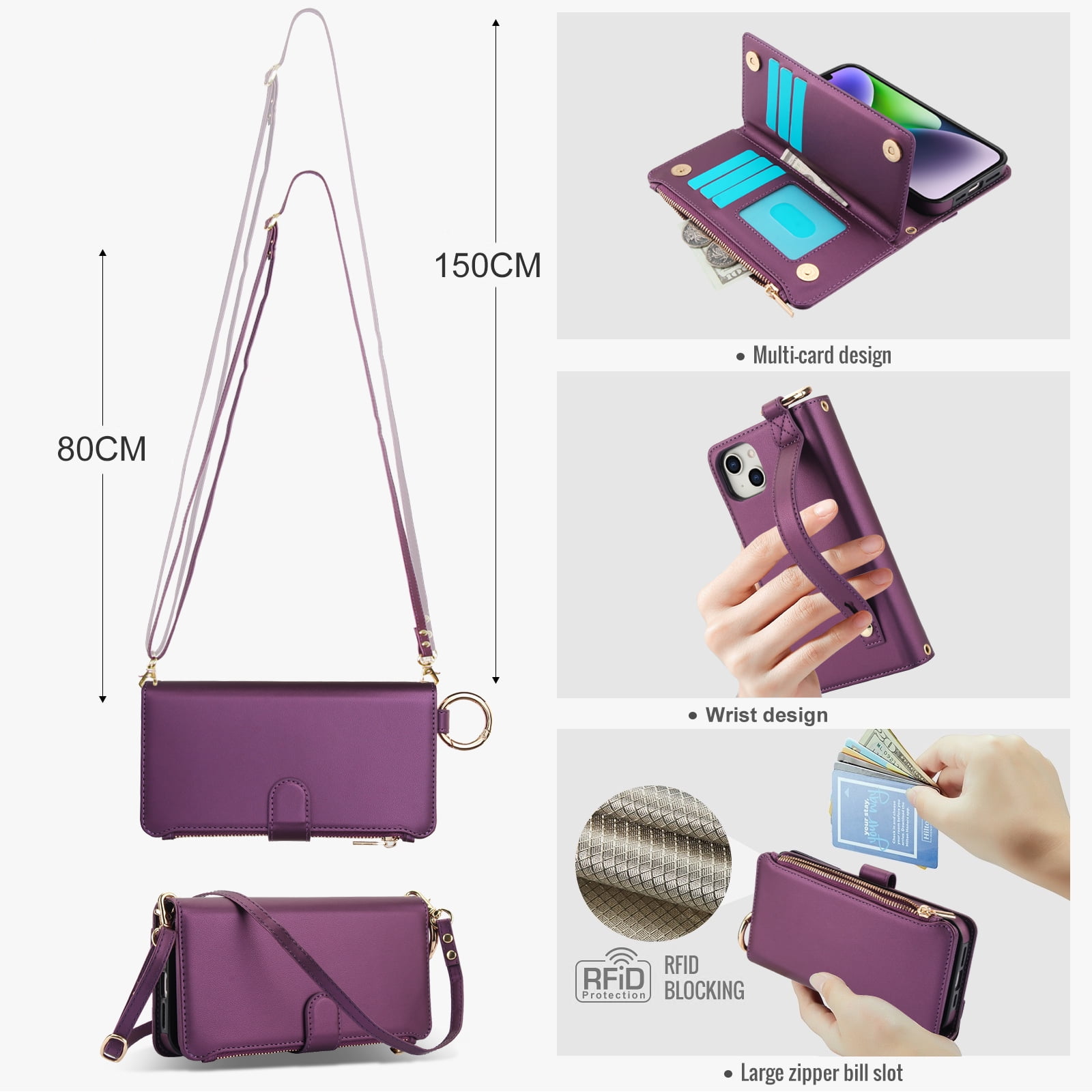 ELEHOLD For iPhone 13 Phone Case Leather Crossbody Zipper Card Wallet Flip Case Kickstand Cover, with Ring Holder,Full Body Protection-Deeppurple