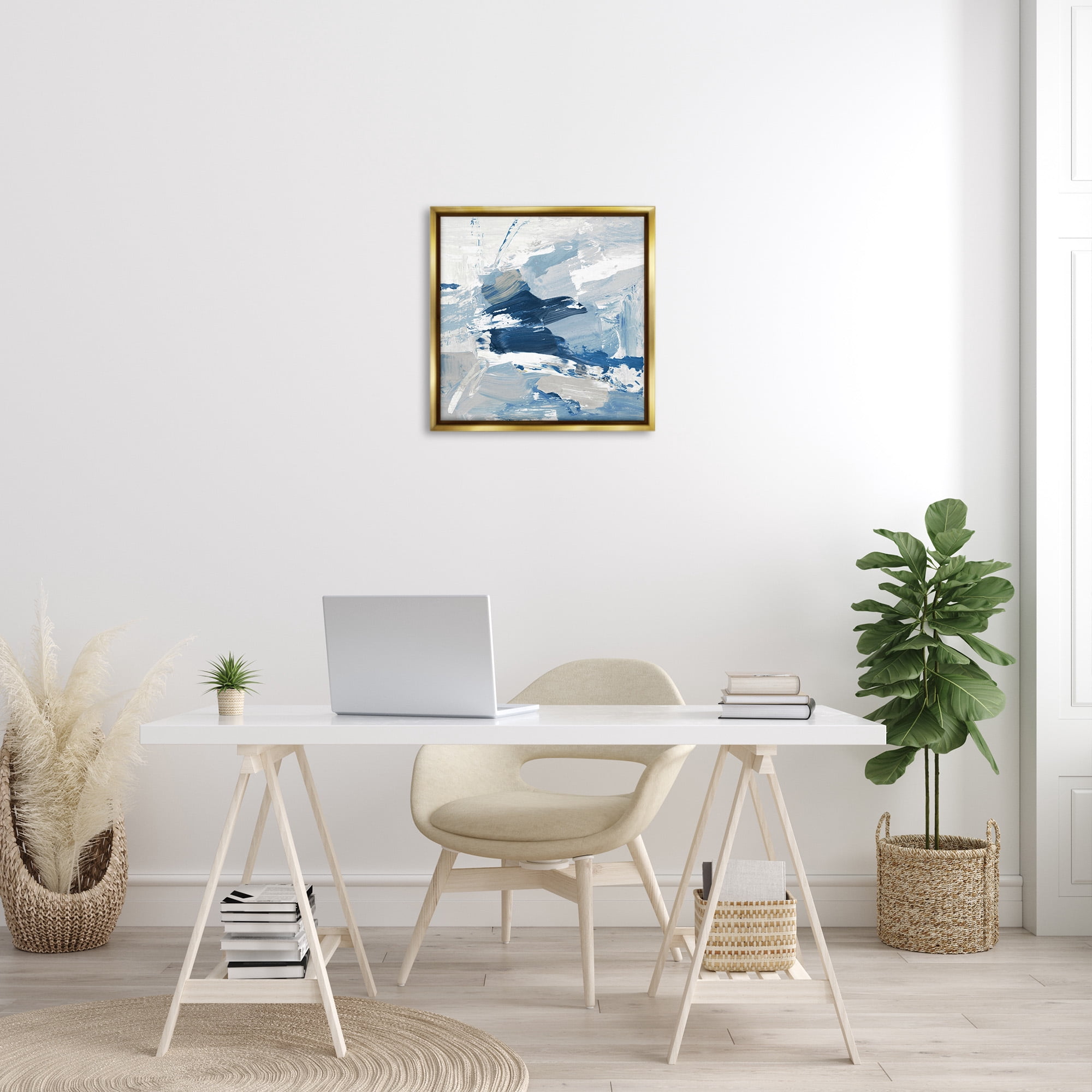 Stupell Industries Abstract Brushed Blue Painting Abstract Painting Gold Floater Framed Canvas Art Print Wall Art, 25 x 25