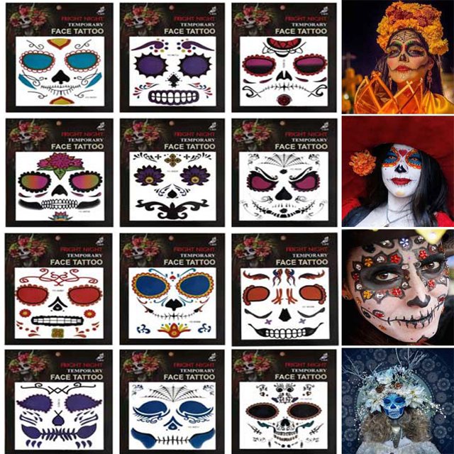 12 juegos de pegatinas de caras de Halloween con calaveras de diamantes, bromas extrañas del Día de los muertos, pegatinas de tatuajes de terror para niños y adultos
