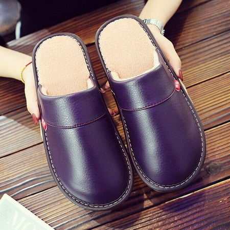 

QWZNDZGR Durable Leather Slippers Men s Waterproof Indoor Fur Mule Shoes Big Size 45 Man Winter Plain Sliper Home Flip Flop Free Shipping