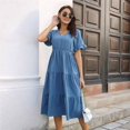 thumbnail image 3 of Women'S Casual V-Neck Ruffle Short Sleeve Dress A-Line Flowy Midi Dresses Blue XL, 3 of 8