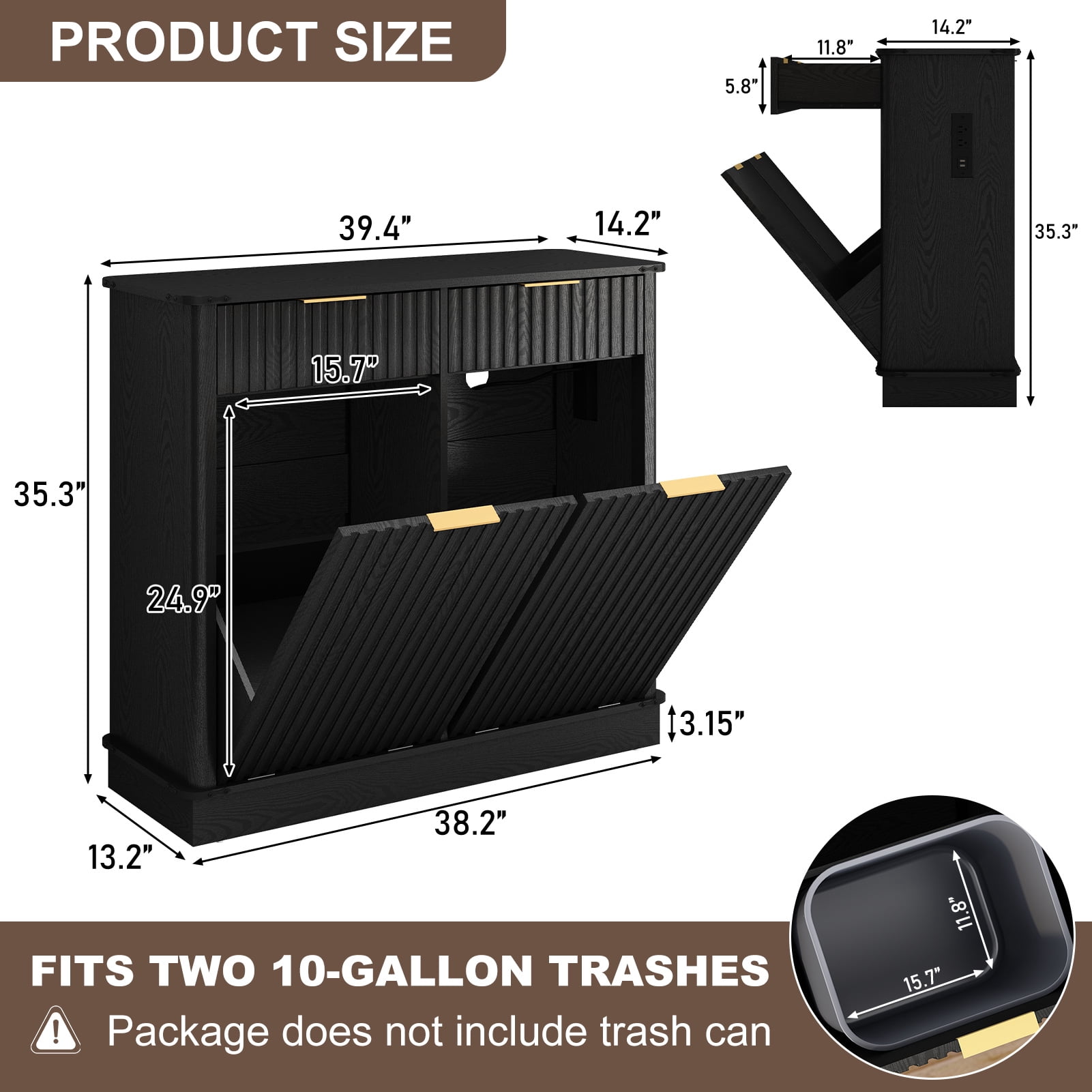 Blotout 20 Gallon Double Tilt-Out Trash Cabinet,Fluted Laundry Hamper Cabinet with 2 Drawers & Charging Station,Hidden Wooden Garbage Can Cabinet for Kitchen & Living Room