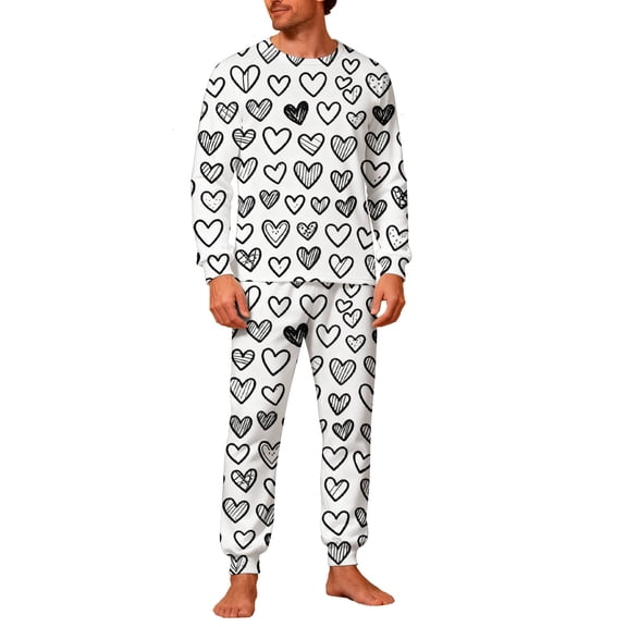 Lorytime Matching Pajamas for Couples Valentine Heart Long Sleeve Crewneck Top with Pockets and Bottom Men Sleepwear