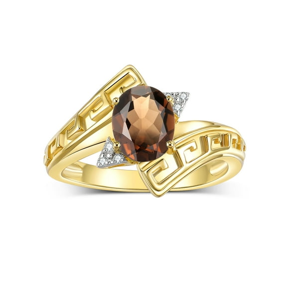 RYLOS Rings for Women 14K Gold Plated Silver Greek Key Designer Ring 9X7MM Gemstone & Diamond Ring June Smoky Quartz Jewelry Size 7