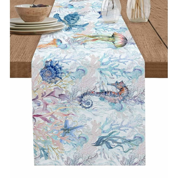 Table Runner Dresser Scarf 13 x 70 Inch Summer Colorful Turtle Seashell Seahorse Jellyfish Seaweed Table Runners Non-Slip Heat Kitchen Dining Table Decor for Indoor Outdoor Home Party Decoration