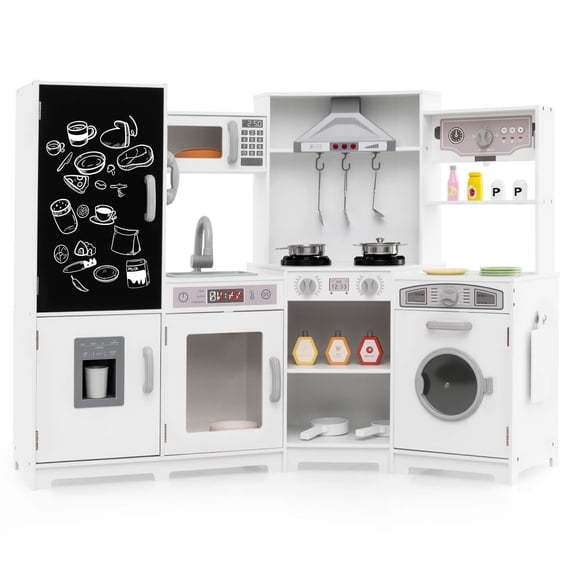 Costway Corner Kids Play Kitchen Wooden Pretend Toy Kitchen with Realistic Lights White