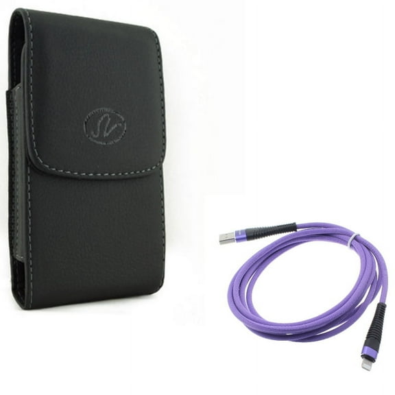 Case Belt Clip w 6ft USB Cable for iPhone XS/X - Leather Holster Cover Pouch Vertical, Purple Charger Cord Power Wire Braided for iPhone XS/X