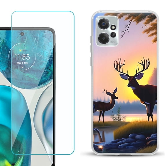 OneToughShield ® for Motorola Moto G Power 5G 2023 Shockproof Fashion Phone Case, with Tempered Glass Screen Protector - Deer Sunset