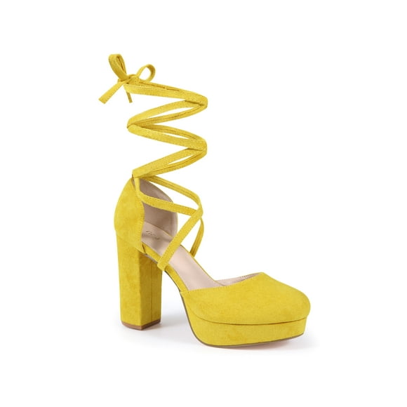BLISSFUL STEP Lace Up Strappy Platform Block Heels Pumps for Women Yellow 8
