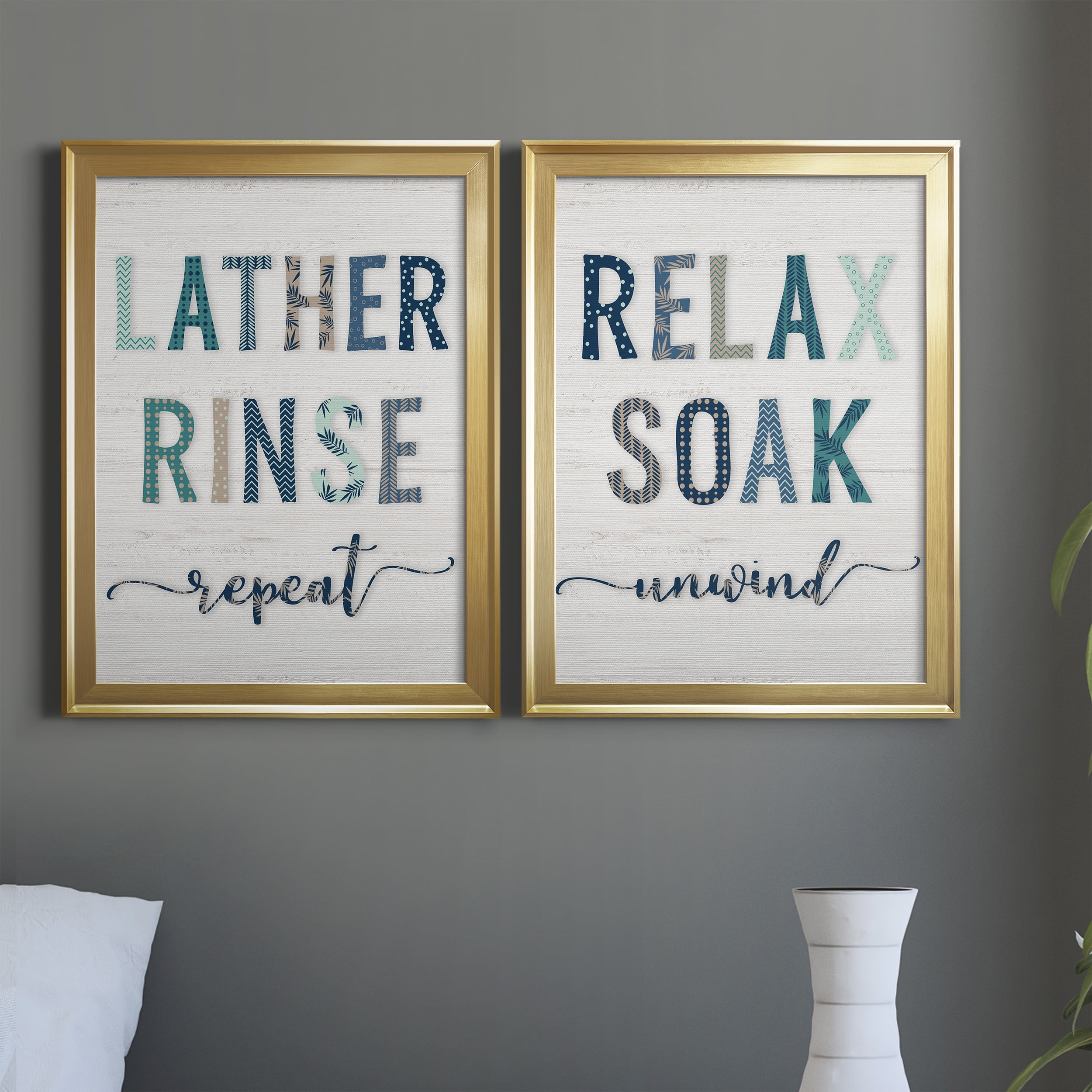 2 Piece Set Lather Rinse Repeat Premium Framed Canvas - Ready to Hang - 18.5 x 24.5 Each - Gold Frame
