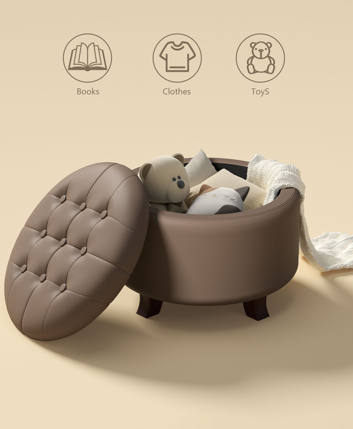 OSM Ottoman,Round Leather Foot Rest Stool, Upholstered Large Ottoman Chair with Storage for Living Room & Bedroom, Decorative Home Furniture, Brown