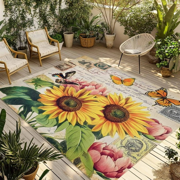 Fsddascl Vintage Sunflower Outdoor Rug for Patio/Deck/Porch, Non-Slip Large Area Rug 5 x 8 Ft, Spring Summer Botanical Floral Rustic Indoor Outdoor Rugs Washable Area Rugs, Camping Rug Carpet