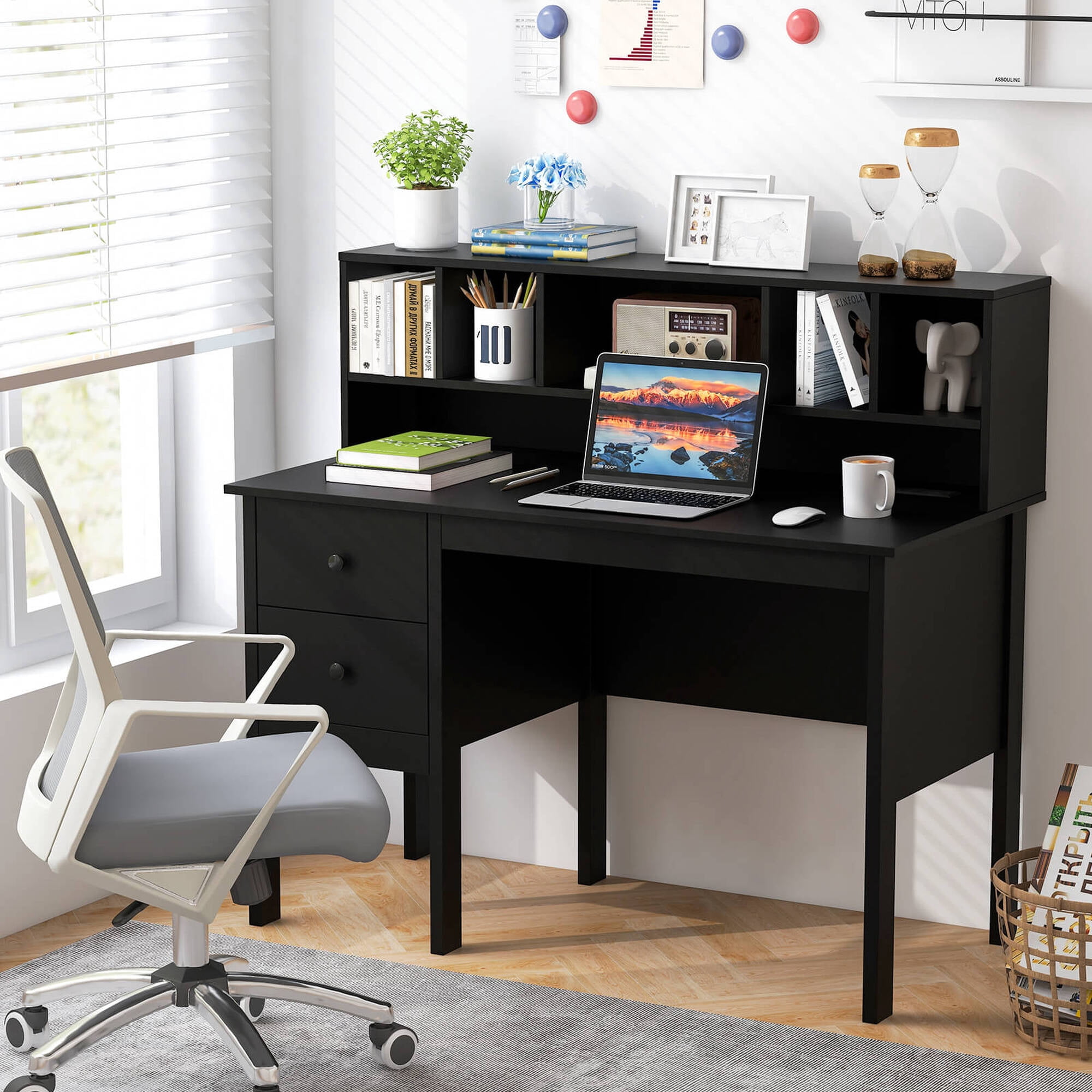 Costway 48" Computer Desk with Power Outlets Type-C 5-Cubby Hutch & 2 Storage Drawers Black
