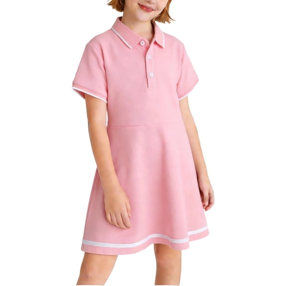 BLTIBY Girls A-Line Lapel Collar Mini Dress Casual Summer Cotton Short Sleeve Button Loose Swing School Uniform Dresses Pink 14-15 Years