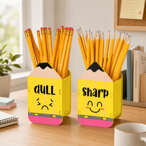 Pencil Holder For Classroom, Pencil Classroom Decor,Classroom Needs, 2 Pack Cute Sharp Dull Pencil Shaped Storage Holders Cartoon Wooden Pencil Organizer for Teacher Classroom Desk Decor
