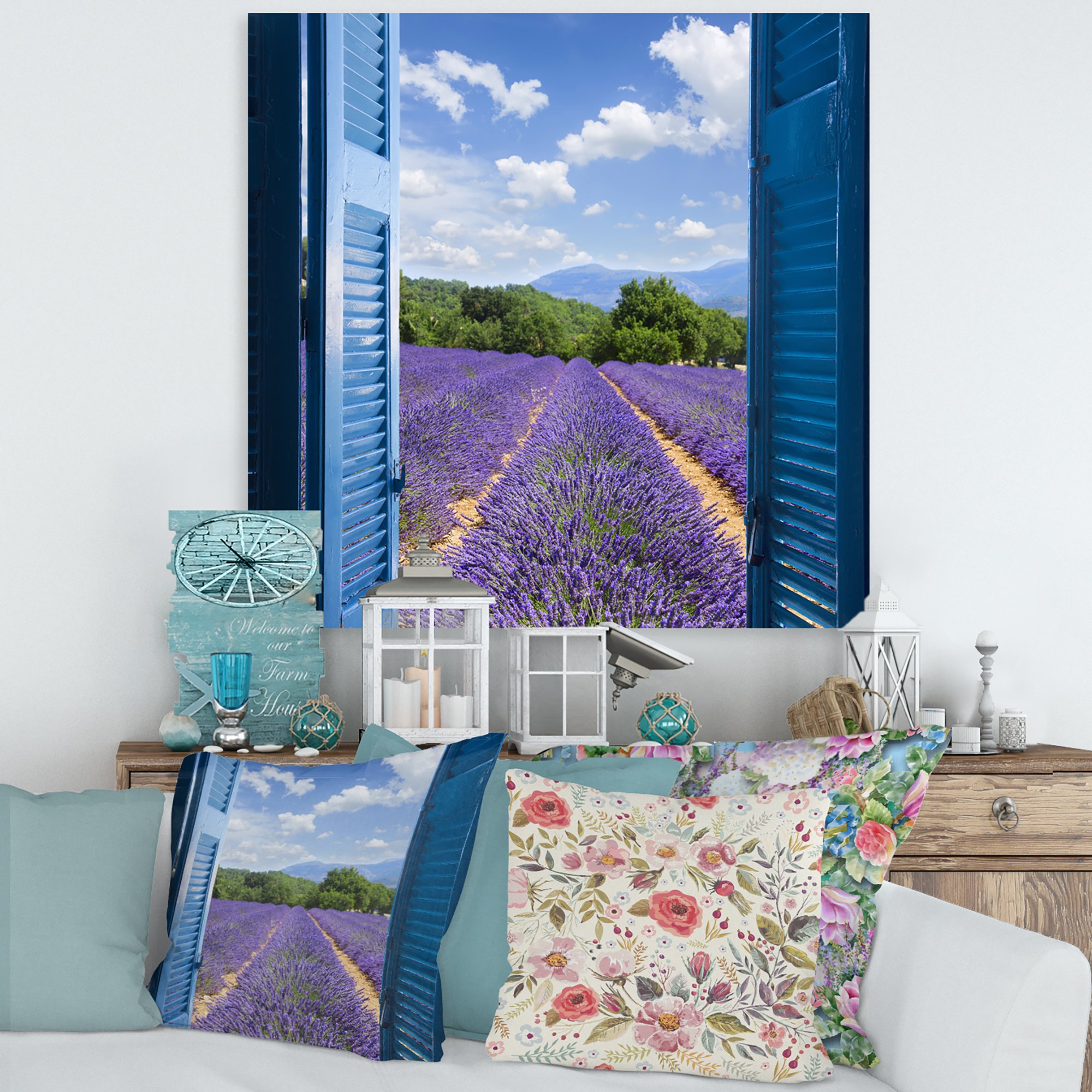 Designart ' View of Lavender Field Through Blue Open Cottage Window ' Farmhouse Canvas Wall Art Print