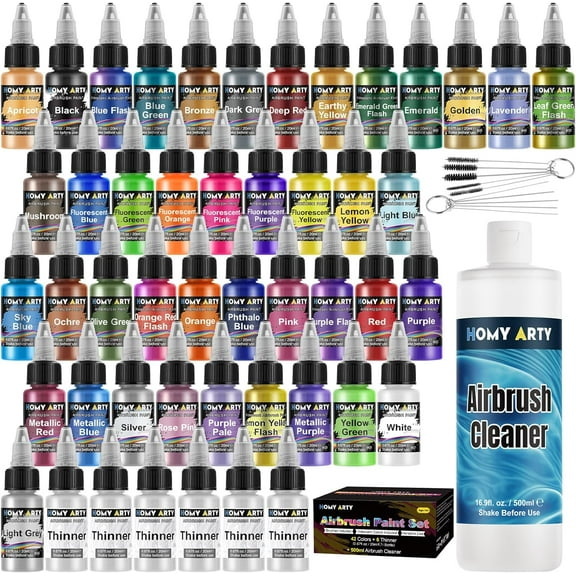 Airbrush Paint - 42 Colors with 6 Thinner & 16.9 fl oz Cleaner Kit with Brushes Airbrush Paint Set, Ready to Spray Acrylic Air Brush Paints for Metal, Plastic Models, Canvas, Wood