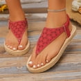 thumbnail image 4 of YgkuHd Women's Casual Flat Sandals Perforated Floral Upper Toe Post Style Elastic Ankle Strap Espadrille Sole Red,7, 4 of 9