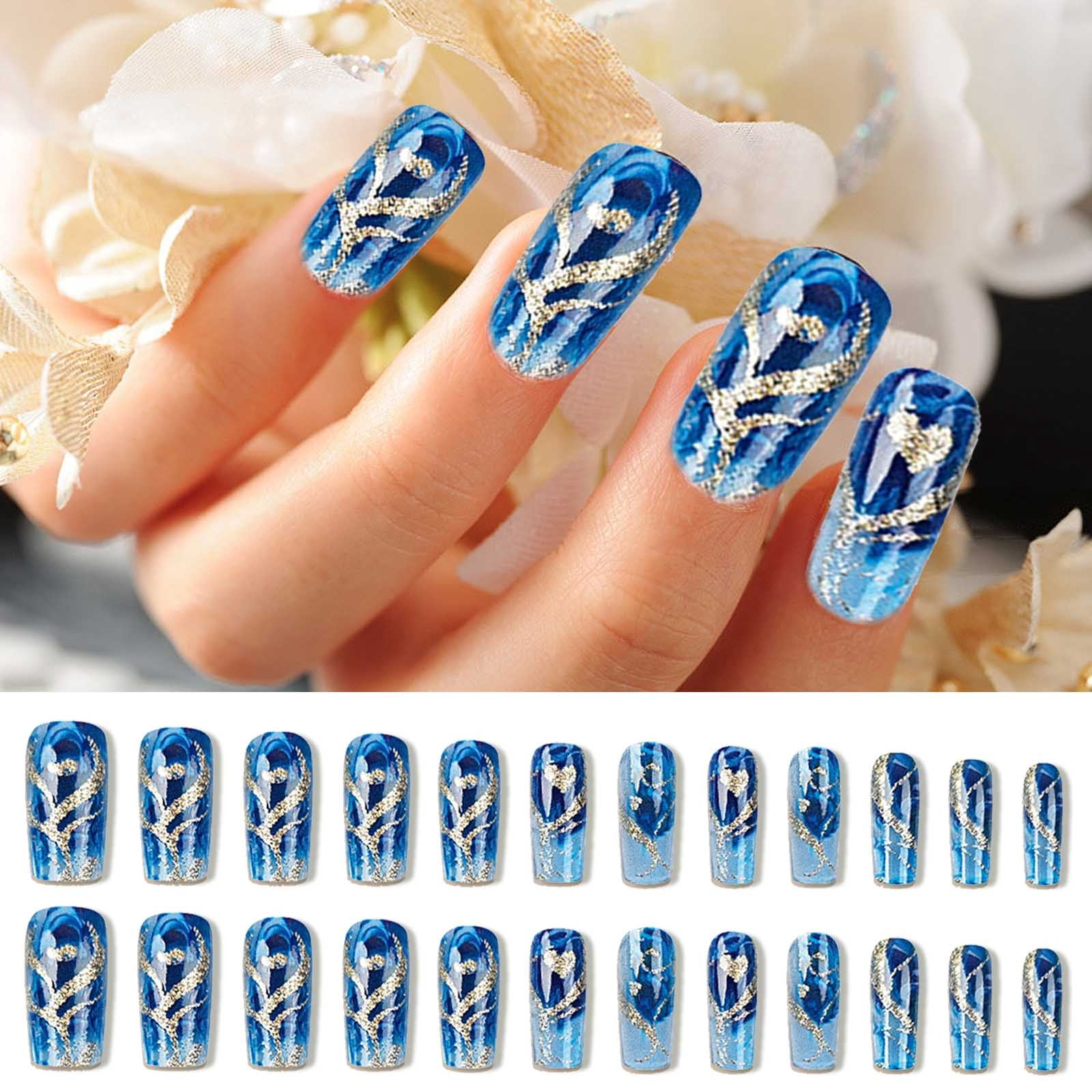 Qocolcyl 24Pcs Gold Curve Line Press on Nails Sea Acrylic Fake Nail Glossy Blue Gradient Medium Square False Nails Love Heart Stick on Fingernails Seaweed Gel Glue on Nail for Coquette Women Girls