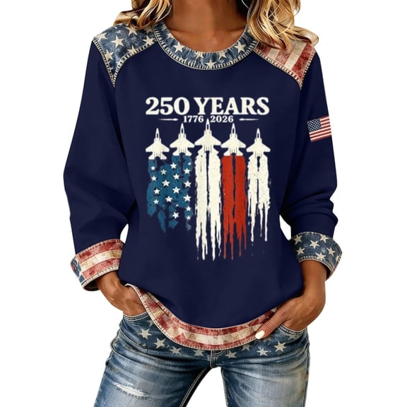 Women's 4th of July Graphic Hoodless Sweatshirt Patriotic Independence Day Letter Print Style Casual Crewneck Sweatshirt Fall Winter Fashion Top Dark Blue M