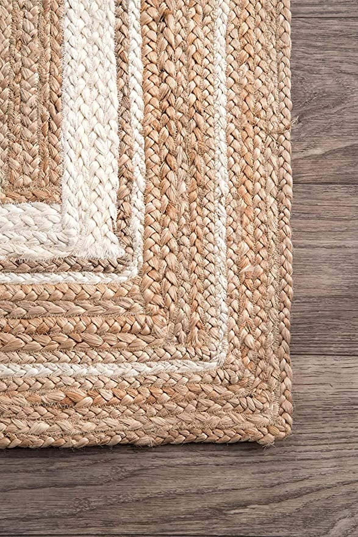 Ripaz Vogue Jute Rug Hand Woven Rectangle Beige + White Border Living Room Area Rug (2X12 Ft)