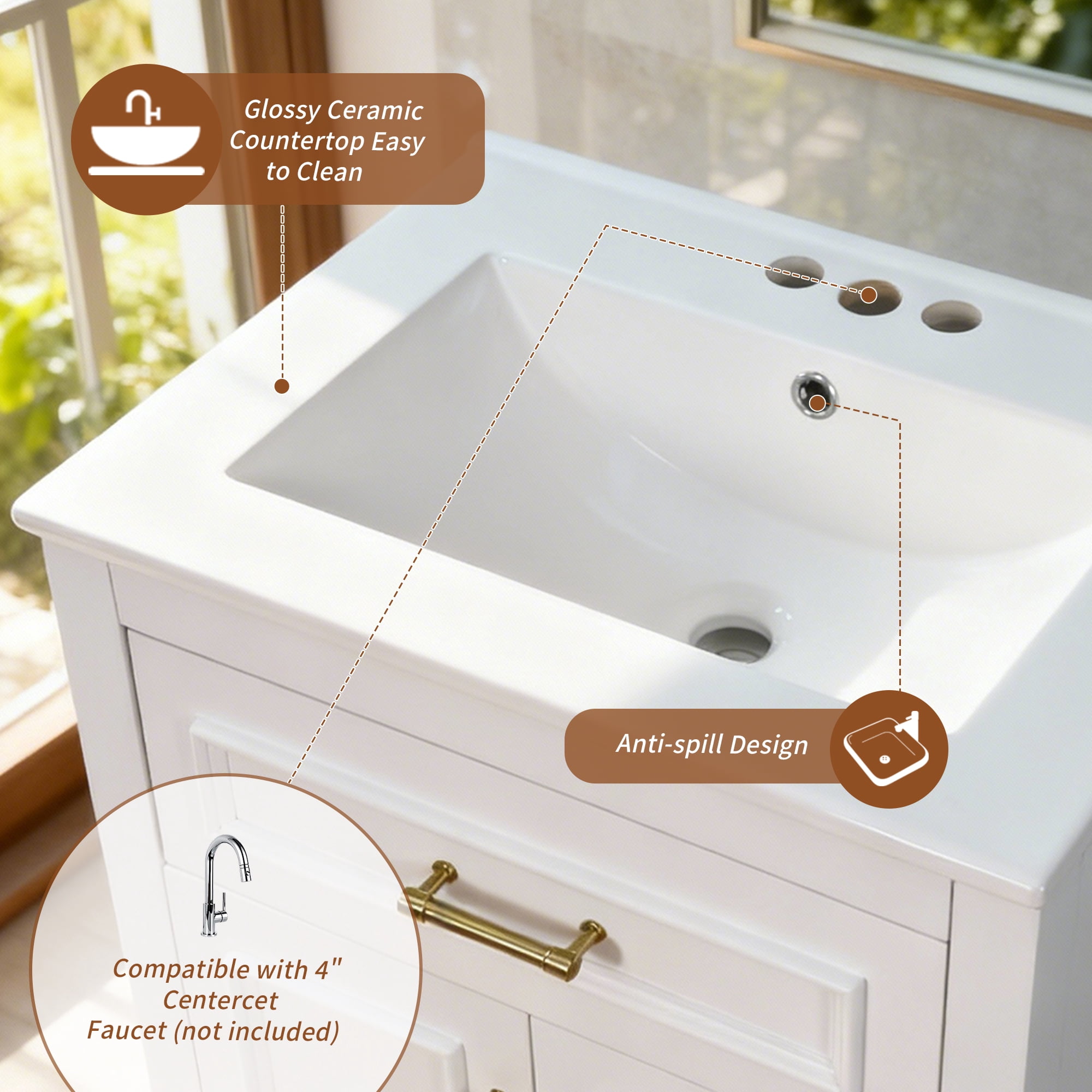 Euroco 24" Bathroom Vanity with Integrated Ceramic Sink, Bathroom Cabinet with 2 Doors, 1 Tip-Out Drawer, Single Sink Bathroom Vanity for Small and Medium Restroom, White