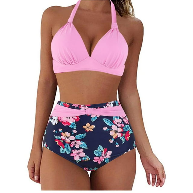 Womens Two Piece Swimsuits Halter Neck Top High Waisted Bathing Suits Tummy Control Bikini Swimwear