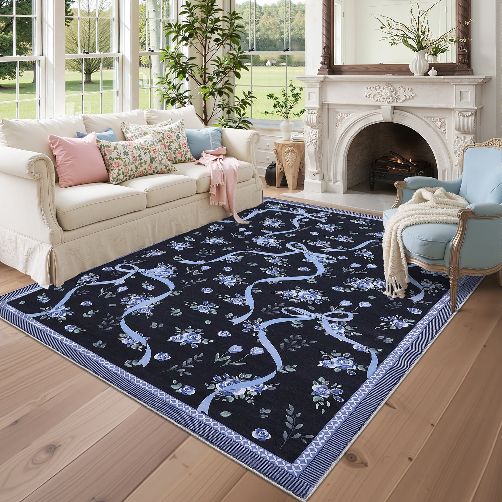 Hasoo Washable Area Rugs 10' x 13' Rug for Living Room Floral Modern Non Slip Throw Indoor Carpet, Blue