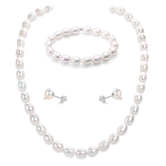 Bamiki 6-7mm Cultured White Pearl Jewelry Necklace Set with Bracelet & Stud Earrings, S925 Sterling Silver Adjustable Clasp Valentine's Day Gift for Her