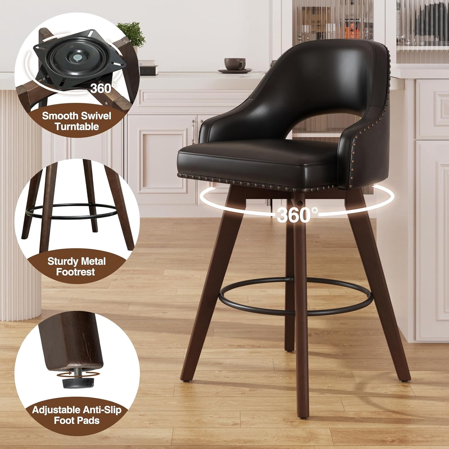 Vabches 24" Swivel Bar Stools Set of 2, Modern Counter Height Bar Chair with PU Leather and Wood Legs for Kitchen Island, Pub Chair with Solid Wood Legs for Kitchen Island Dining Room Pub Counter