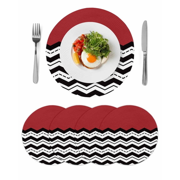 Black White Chevron Round 15 Inch Placemats Set of 4, Geometric Red Sea Wavy Striped HeatResistant Non Slip Place Mats for Dining Table, Wipeable Braided Kitchen Table Mats for Housewarming