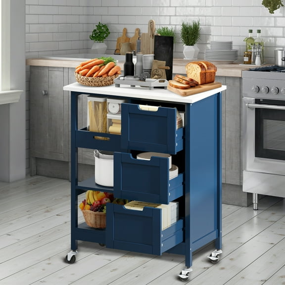 LYYHTY 3-Tier Drawer Rolling Kitchen Island Cart - Navy Blue Utility Cart with Open Shelves, Lockable Wheels, Food Prep Station for Kitchen & Dining