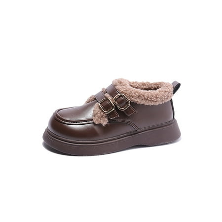 

Eloshman Boys Loafers Wedding Warm Casual Shoes Fleece Lined Leather Shoe Performance Lightweight Uniform Flats Non-Slip Brown 13C