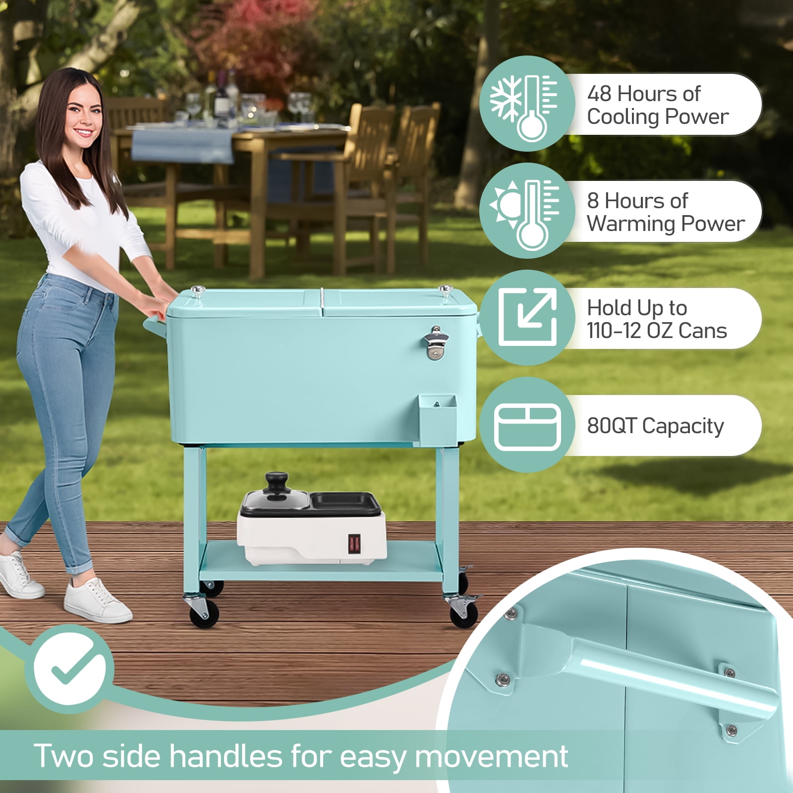BAYUELSWU 80 QT Patio Cooler Rolling Cooler Ice Chest with Wheels, Square Ice Cooler Carts with Shelf & Bottle Opener Portable for Outdoor Indoor Patio Party Camping (Mint)