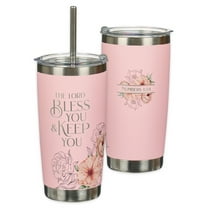 Christian Art Gifts Reusable Stainless Steel Scripture Travel Mug Tumbler w/Straw for Women: Bless You & Keep You Bible Verse, Double Wall Vacuum Insulated, Pop-up Lid, Hot/Cold, Pink Floral, 18 oz.