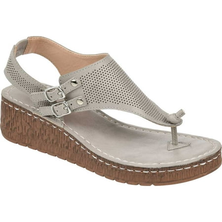 

Women s Journee Collection McKell Wedge Thong Sandal Grey Perforated Faux Leather 12 M