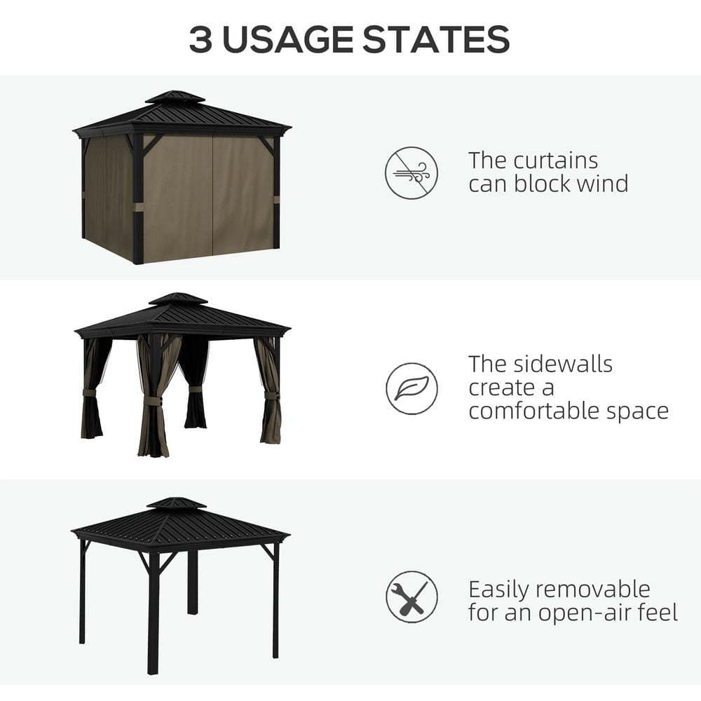 GVN Patio Garden Pergola, Pergola Canopy,10' x 10' Hardtop Gazebo, Pavilion Gazebo with Curtains, Nettings, Hooks, Dark Brown