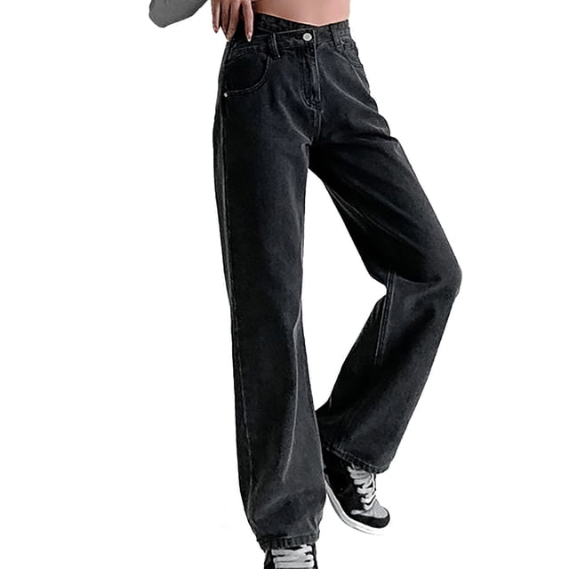 Women Jeans Crossed High Rise Wide Leg Button Pocket Slacks Straight Leg Denim Pant Pants for Women Black M