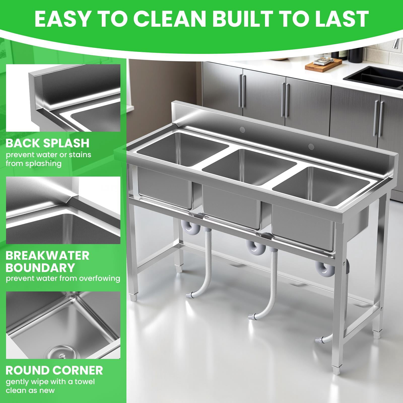 Heavy Duty 3-Compartment Kitchen Sink Stainless Steel Commercial Utility Sink Free Standing Outdoor Sink Large Capacity Wash Sink 51" x 31.5" x 19.7" for Catering, Kitchen, Garage