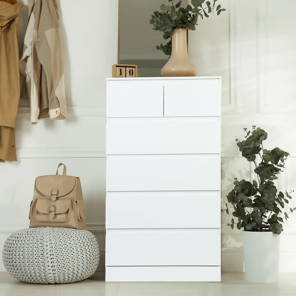 Yedigre Dresser, White Dresser, Bedroom Dresser & Chests of Drawers, Tall Dresser with 6 Wood Drawers, Large Wood Dresser for Bedroom Closet, White