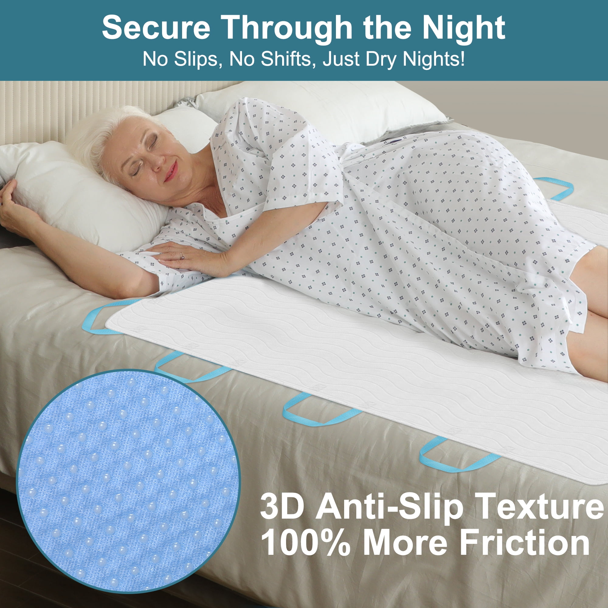 KEKOY 34 x 52" Absorbent Positioning Bed Pad with 8 Handles, Anti-Slip Backing, 2 Pack Waterproof Underpads for Incontinence, Washable & Reusable Transfer Pad