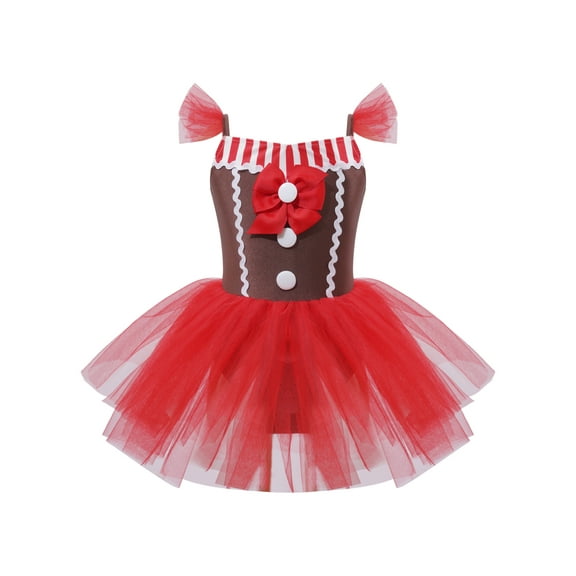 YEAHDOR Big & Little Girls Gingerbread Man Costume Bodysuit Carnival Dress Up Christmas Party Mesh Tutu Dress Red 10
