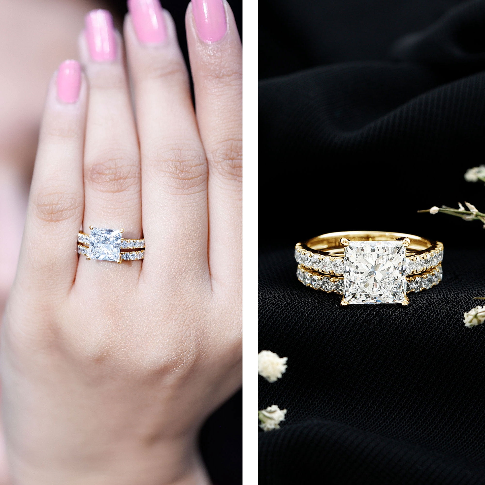 Rosec Jewels IGI Certified 2 Carat Lab Grown Diamond Princess Cut Engagement Ring Set for Women - E-VS1 Quality - With Jewelry Box, 14K Yellow Gold, US 10.00