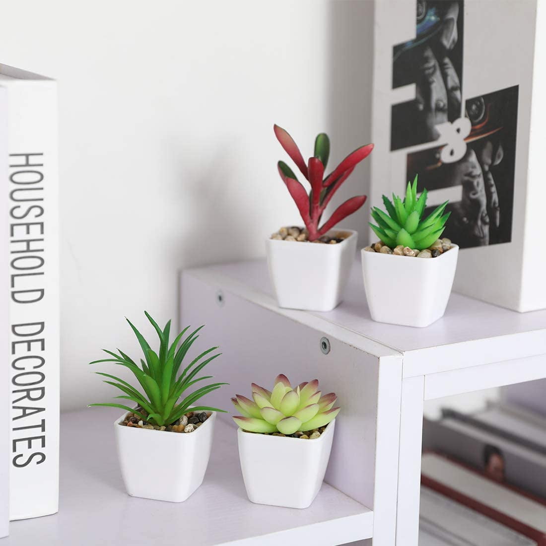 Mini Fake Succulent Plants Artificial Plastic Succulents Potted Faux Assorted Plants for Home Office Table Decoration, Set of 6 (White Plastic Pots)