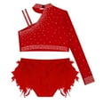 thumbnail image 3 of Lejafay Girls Glittery Rhinestones Dance Outfits One Shoulder Mock Neck Crop Top with Feather Briefs Dancewear Red 6, 3 of 6