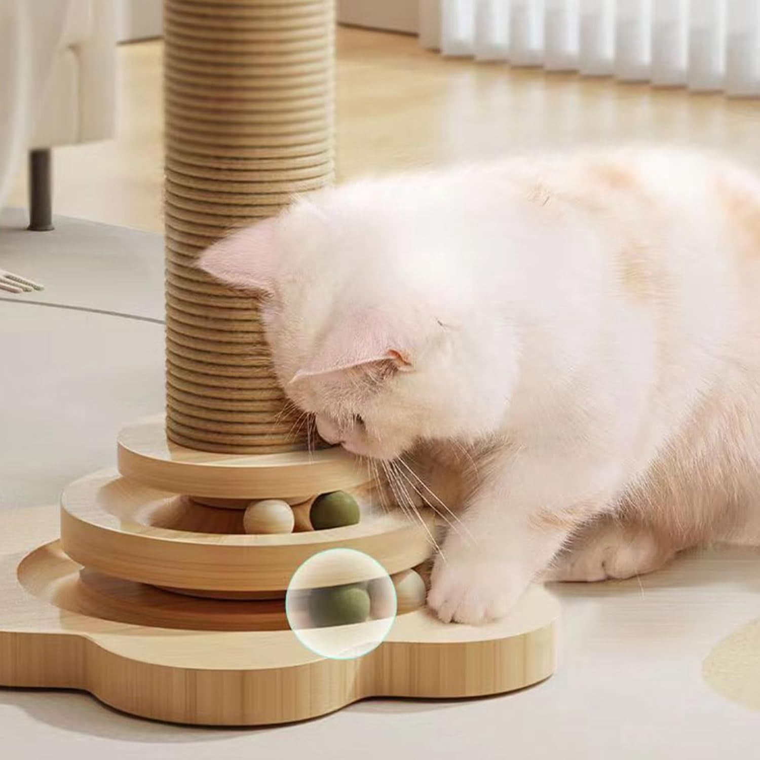 Cat Scratching Post, 4 in 1 Wooden Cat Scratcher Toy, 15.75" Tall Scratch Post with 2 Level Cat Track Balls, Interactive Cat Feather Toy and 2 Sisal Hanging Balls for Indoor Kittens