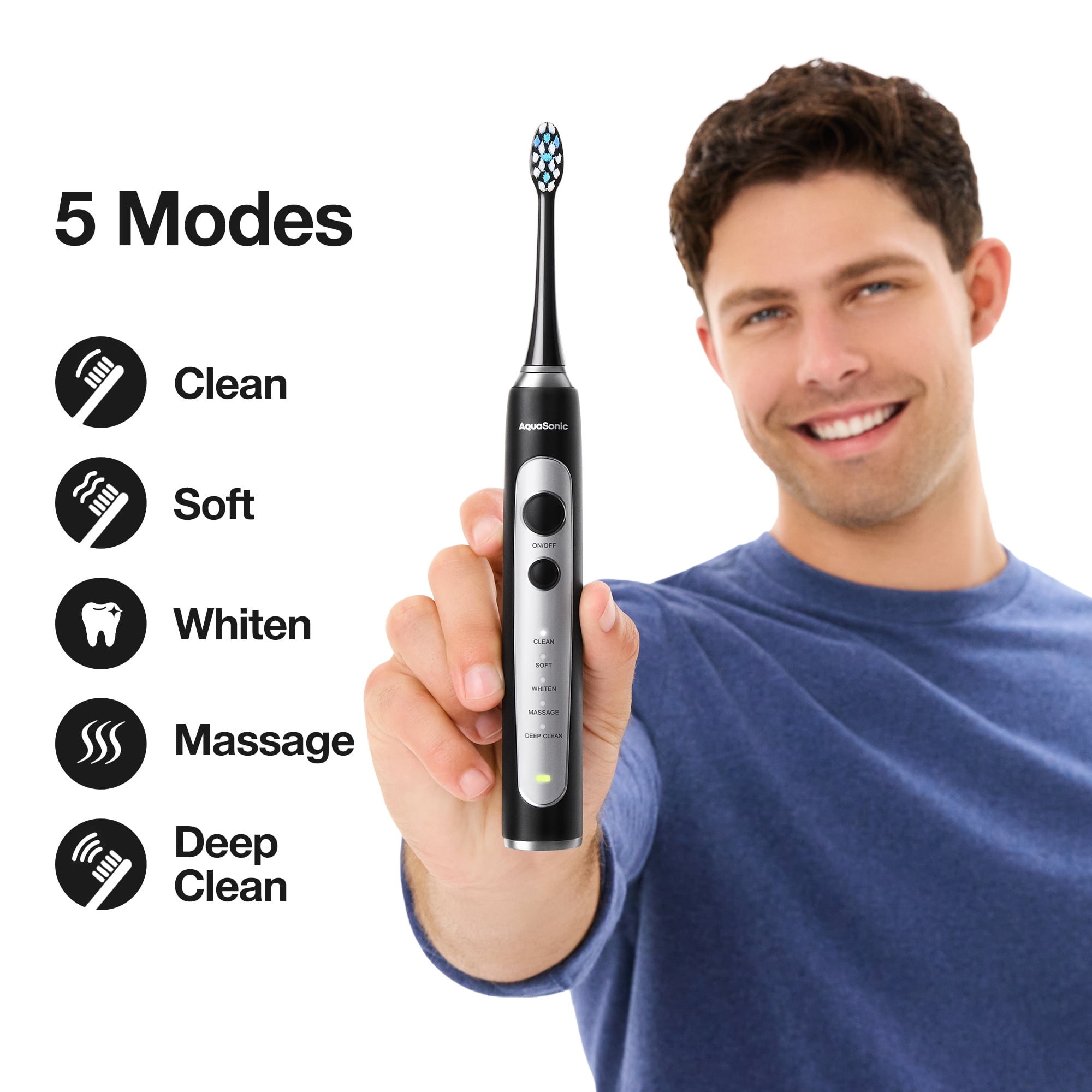AquaSonic Precision Rechargeable Electric Toothbrush, 5 Modes, 4 Brush Heads, Travel Case, Black