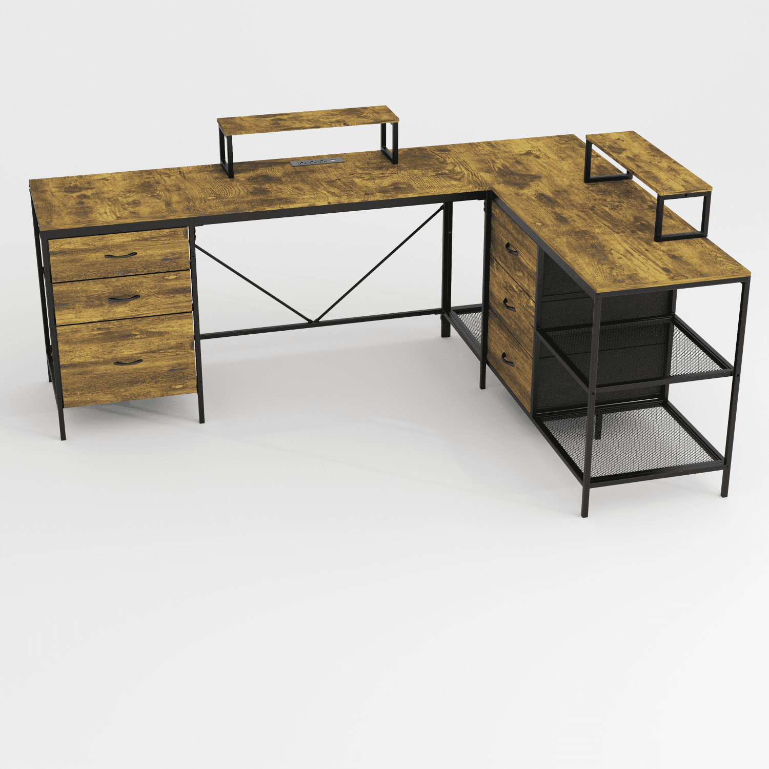 Lisonu 114" L-Shaped Desk with Power Outlets & USB-C, Industrial Corner Computer Desk with 6 Drawers & Movable Monitor Stands, Rustic Brown